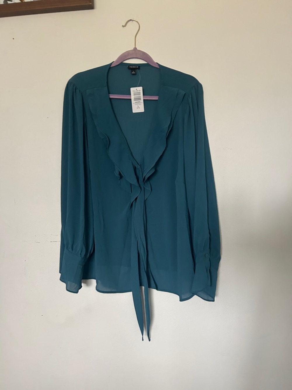 Sheer Teal Ruffle Tie-Neck Blouse
